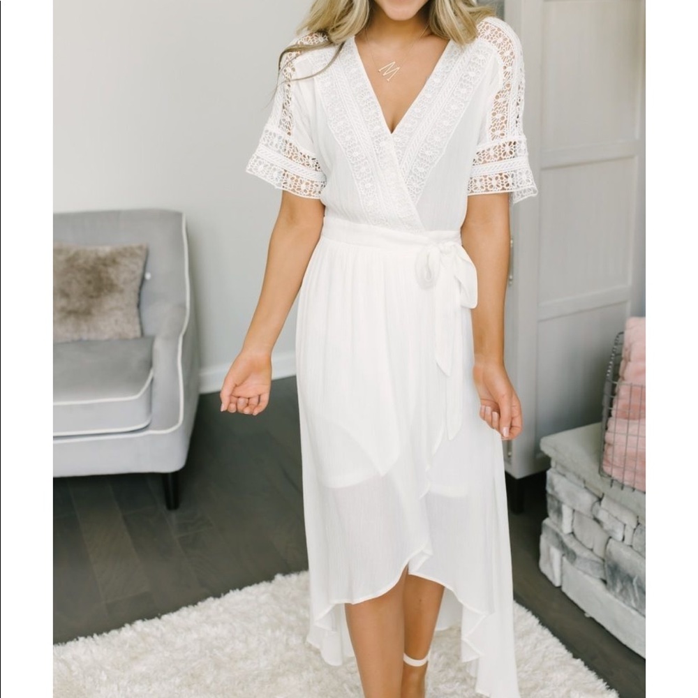 White high low crochet wrap maxi dress